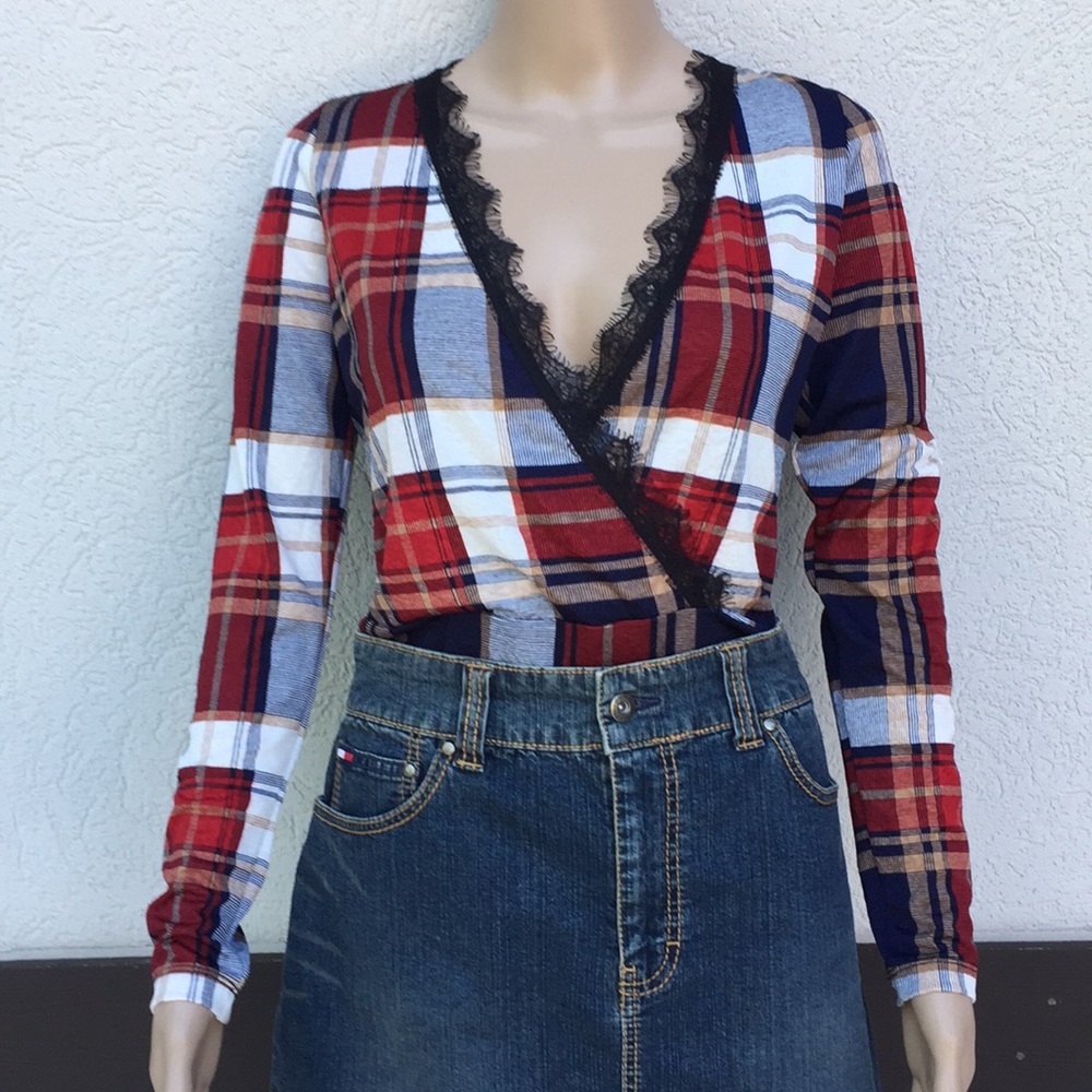 Just Found plaid large bodysuit dainty lace trim